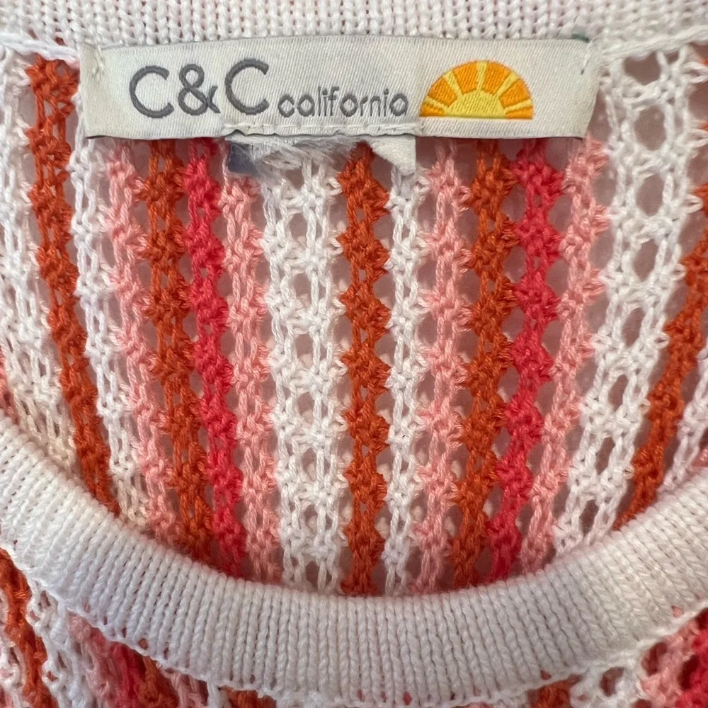 C&C California Crochet Beach Cover Up Sleeveless Halter Striped Pink White Small - Picture 3 of 8